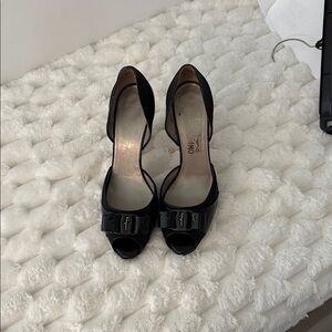 Salvatore Ferragamo Black Bow Peep Toe Heels